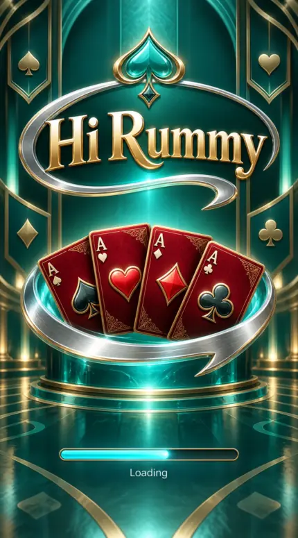 Hi Rummy — Exact Hi Rummy lettering sits inside a sweeping silver ribbon above four crimson ace cards, teal columns and a luminous loading bar.