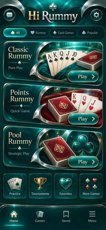 Hi Rummy — Exact Hi Rummy header appears above three broad silver-edged card panels, crimson decks, turquoise Play buttons, small secondary tiles and bottom navigation.