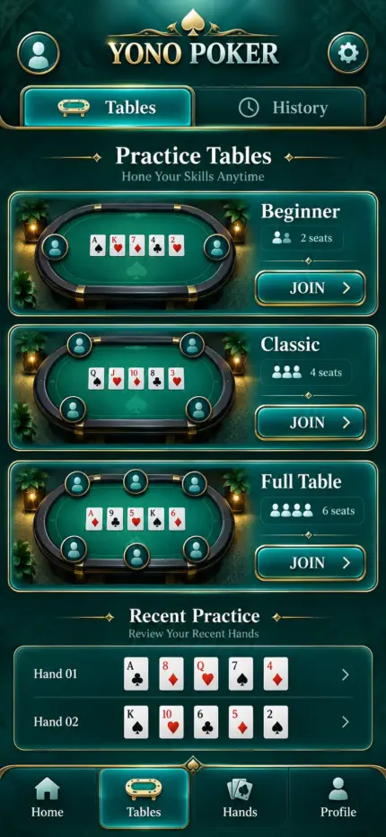 Generated preview: Yono Poker — Practice table selection screen