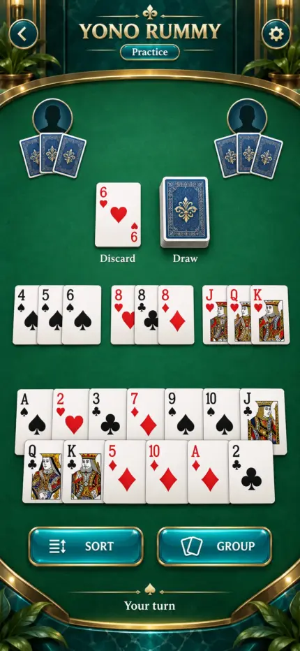 Generated preview: Yono Rummy — Card groups on the practice table