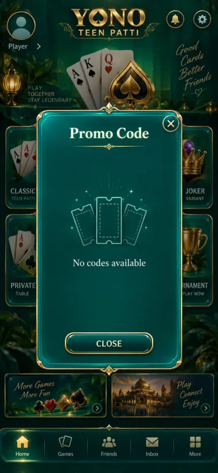Generated preview: Yono Teen Patti — Empty promo-code panel concept